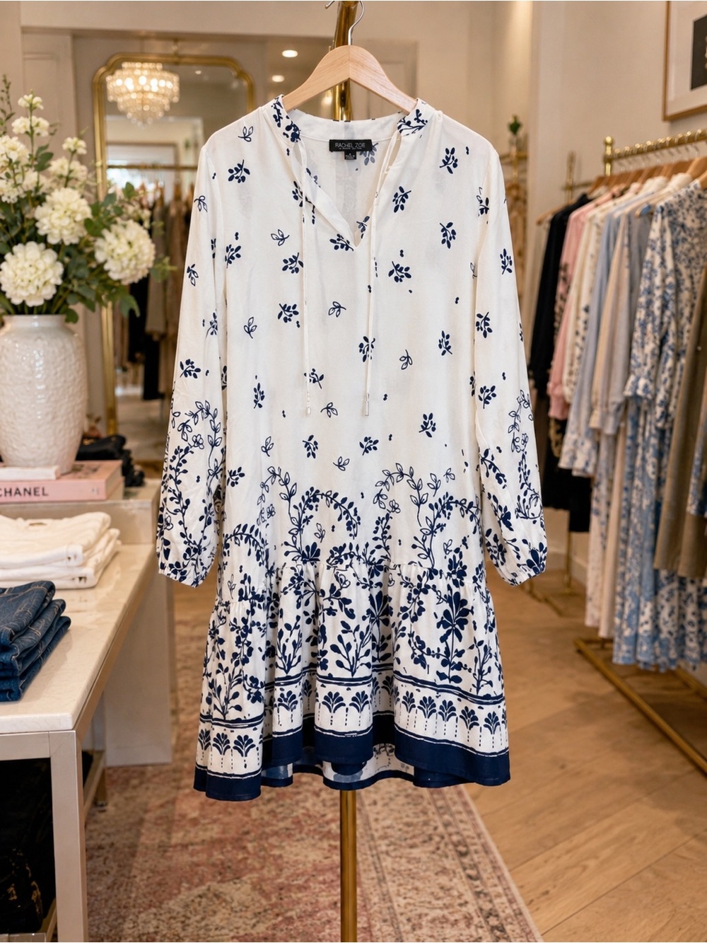 Rachel Zoe Blue White Floral Border Print Tunic Dress Size S *HOST PICK* - Picture 2 of 10